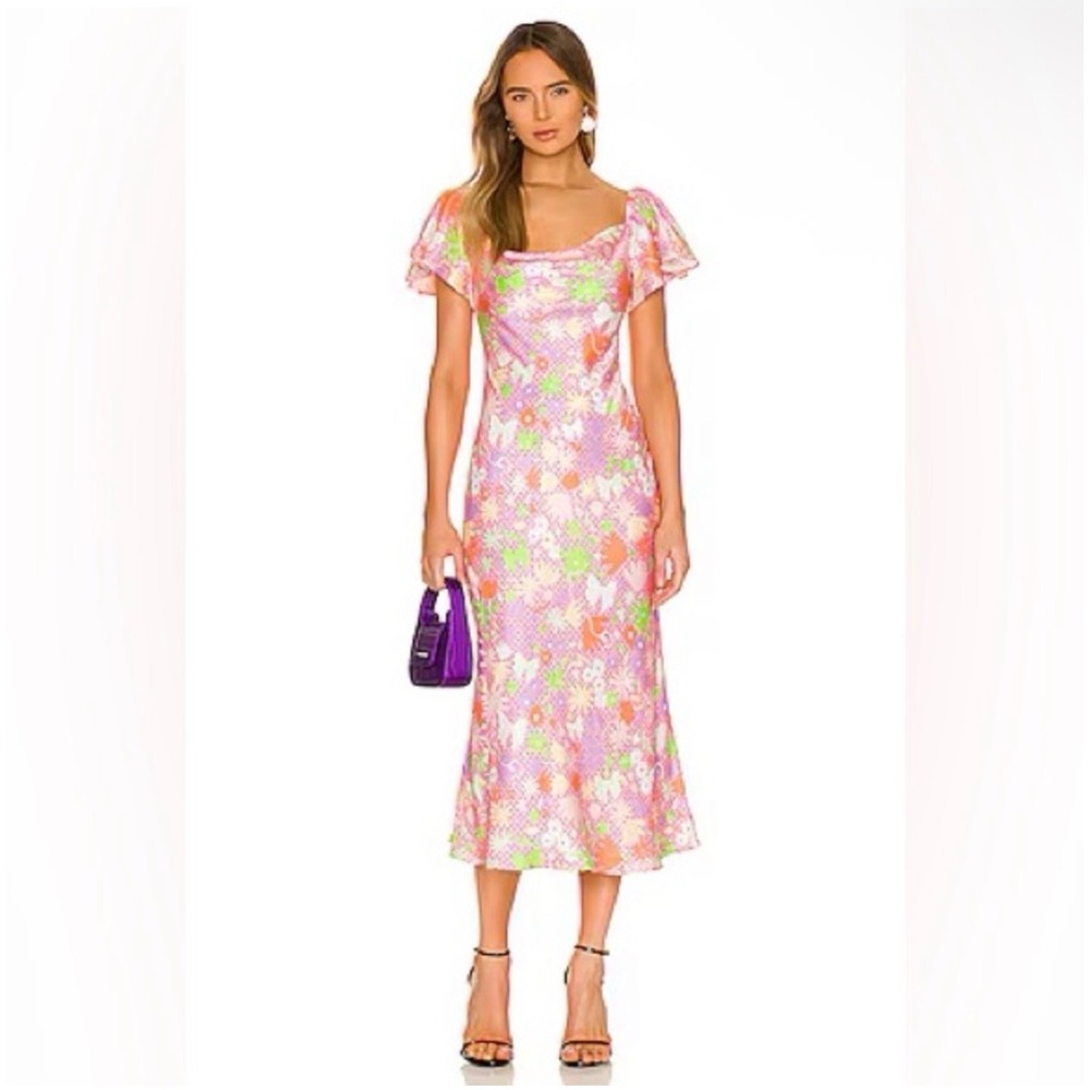 Olivia Rubin Amelia Midi Dress Pink Floral Polka Dot Silk Blend Size 6